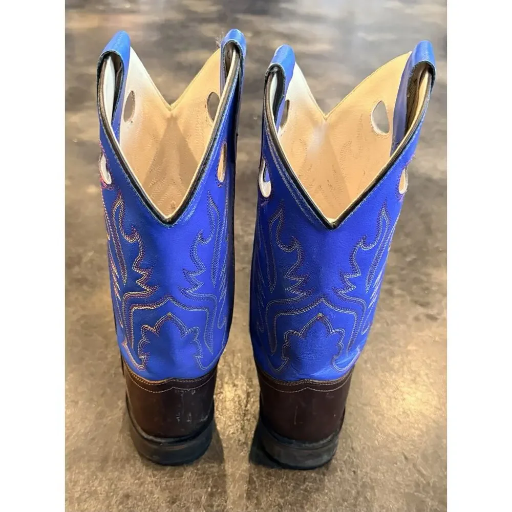 Boys Old West BSY1840 5.5 Brown Leather Square Toe Boots Western Cowboy Blue